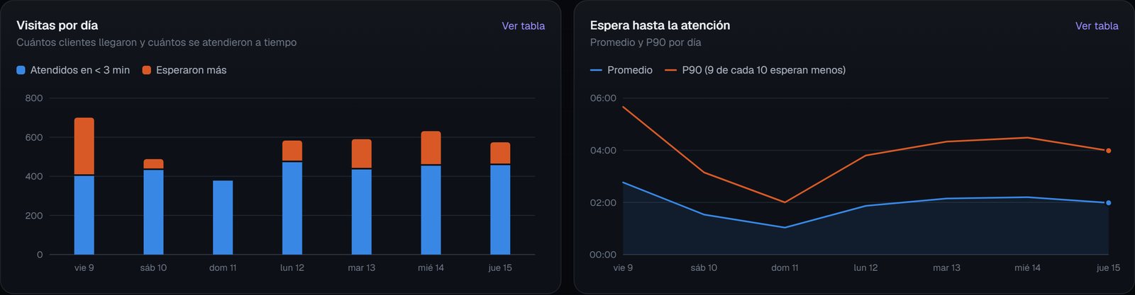 Gráficos del panel: visitas por día y espera hasta la atención